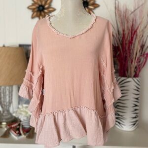 Entro Dusty Pink Ruffle Short Sleeve Flowy Blouse Top Women's Md Boho Cottage